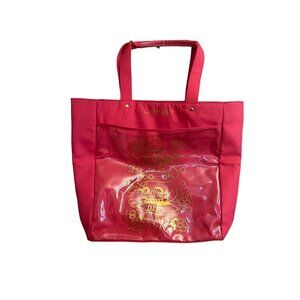 Ed Hardy Hot Pink Tote Bag With Gold Skull Print & Clear PVC Pocket